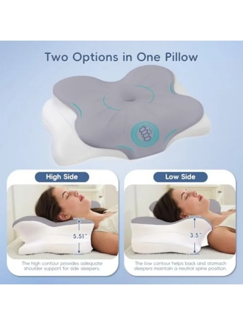 Memory Foam Cervical Neck Pillow with Dual Height Support - Grey Comfort